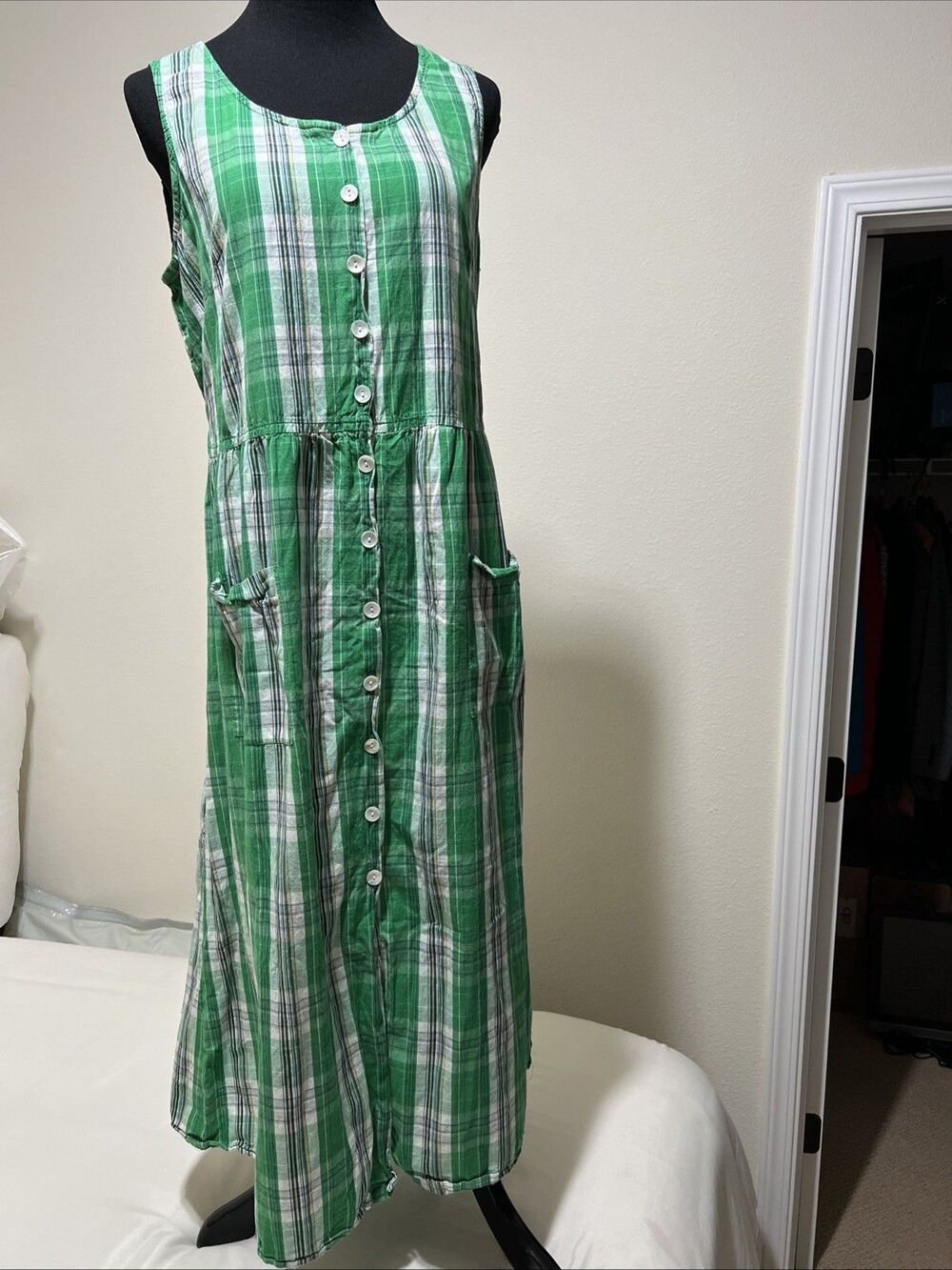Vtg Vermont Country Store Dress Green Plaid Cottagecore Grandma Prairie L Tartan